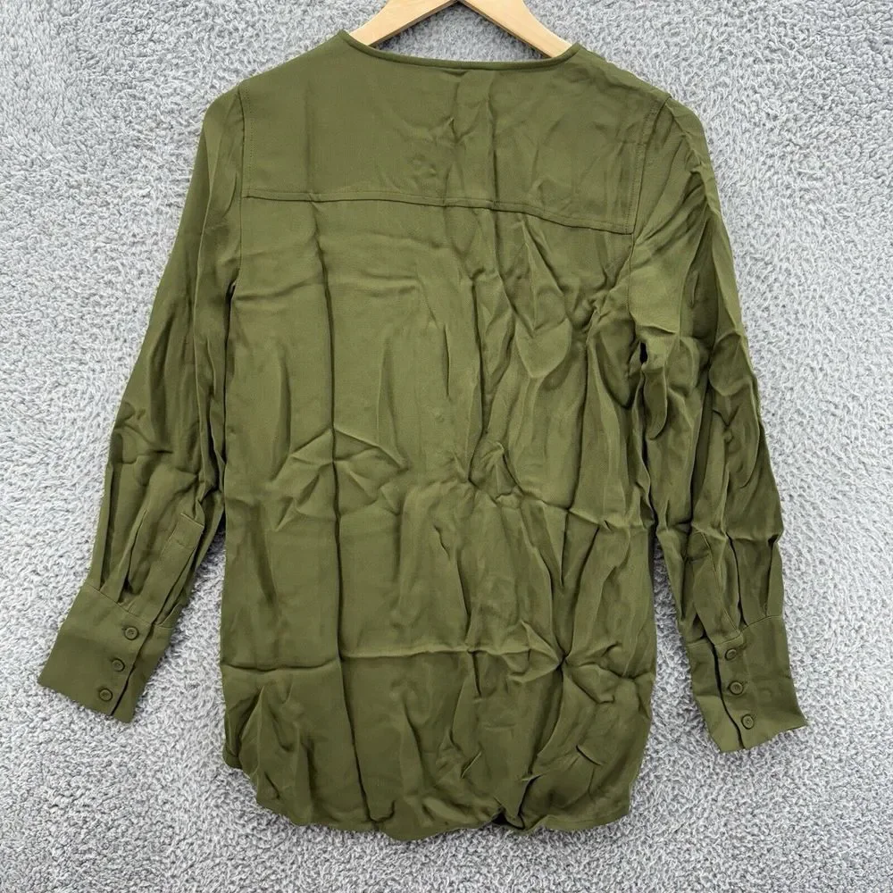 J. Crew 1/2 Button Oxford Shirt Size 2 Green Womens‎ Blouse 100% Viscose L/S Top
